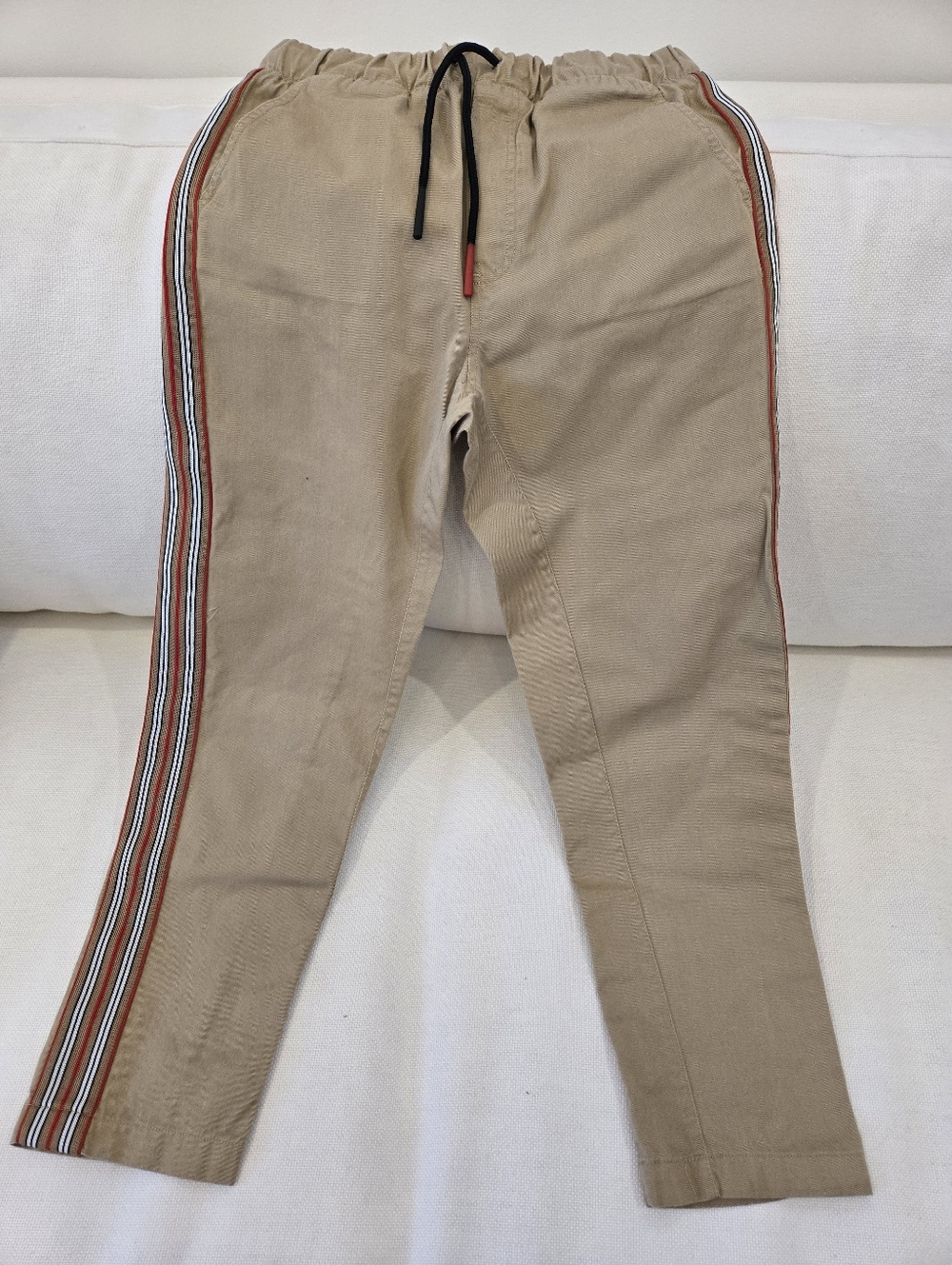 Burberry Boys Tan Jogger Pants with Multi-Stripe Side Detail